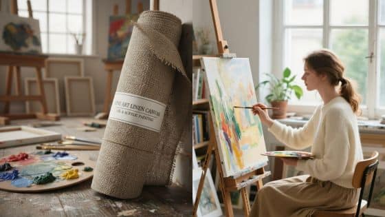 Where to Buy the Best Linen Canvas for Oil and Acrylic Artist painting on a canvas in a sunlit studio with brushes and paints scattered, showcasing creative process and artistic tools. | Sky Rye Design Artist painting on a canvas in a sunlit studio with brushes and paints scattered, showcasing creative process and artistic tools.