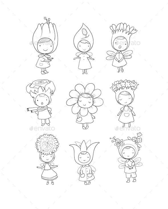 Whimsical Flower Fairies Forest Gnomes Illustration of nine cute flower-themed characters with various floral costumes and whimsical expressions, line art style. | Sky Rye Design Illustration of nine cute flower-themed characters with various floral costumes and whimsical expressions, line art style.