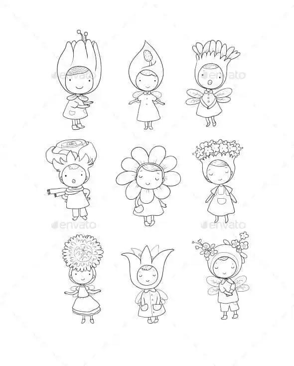 Illustration of nine cute flower-themed characters with various floral costumes and whimsical expressions, line art style.