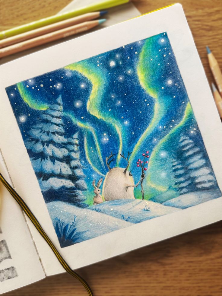Whimsical Winter Illustration Under the Northern Lights _ Aurora Borealis Fantasy Art Adorable creature and rabbit admire aurora in snowy forest, colored pencil artwork in sketchbook. Cozy creative scene. | Sky Rye Design Adorable creature and rabbit admire aurora in snowy forest, colored pencil artwork in sketchbook. Cozy creative scene.