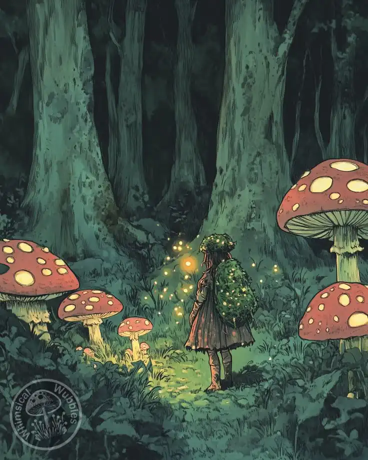 Forest scene with a person in a cloak surrounded by glowing mushrooms and fireflies, creating a magical, mystical atmosphere.