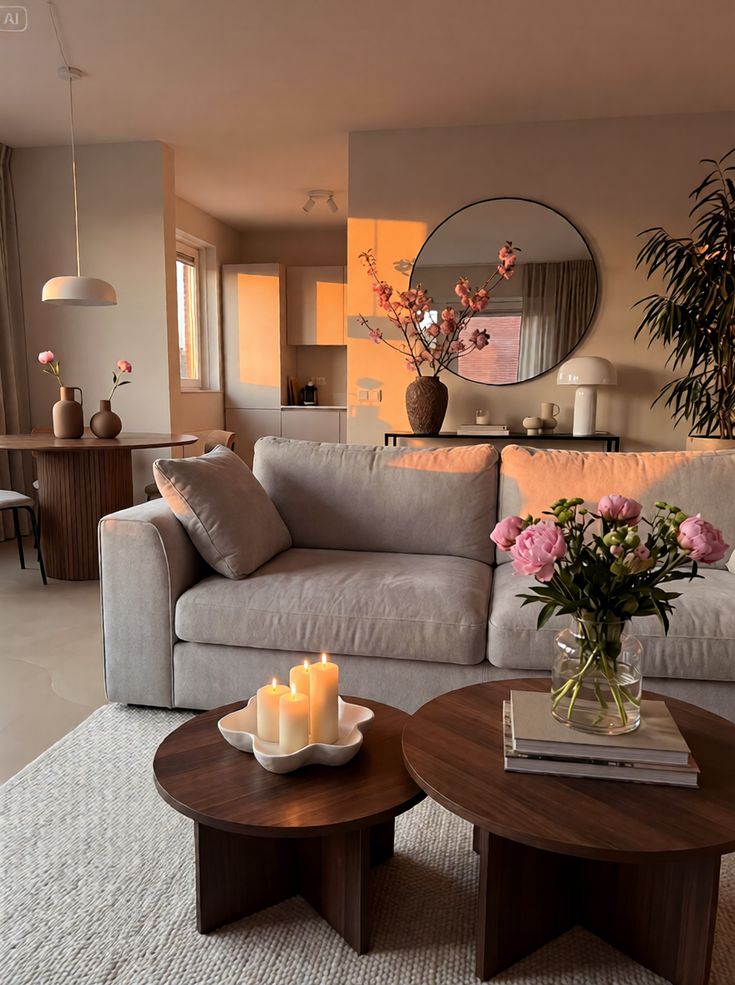 Workflow Modern living room with gray sofa, round mirror, and wooden tables adorned with candles and pink floral arrangements, bathed in warm light. | Sky Rye Design Modern living room with gray sofa, round mirror, and wooden tables adorned with candles and pink floral arrangements, bathed in warm light.