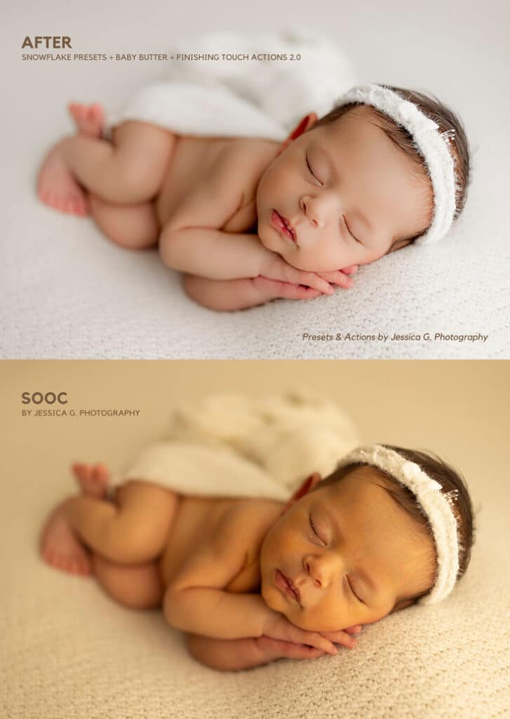 White Lightroom Presets for Newborn Baby Maternity Photography Sleeping baby in headband on blanket. Comparison of edited and original images using photography presets by Jessica G. Photography. | Sky Rye Design Sleeping baby in headband on blanket. Comparison of edited and original images using photography presets by Jessica G. Photography.