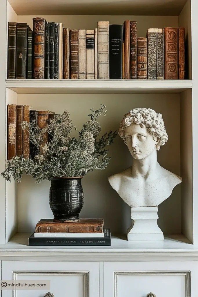 Why Every Home Needs a Sculpture And How to Style It Like a Pro - Mindful Hues Bookshelf with vintage books, a Roman bust, and a decorative vase with dried flowers, creating an elegant classic decor. | Sky Rye Design Bookshelf with vintage books, a Roman bust, and a decorative vase with dried flowers, creating an elegant classic decor.