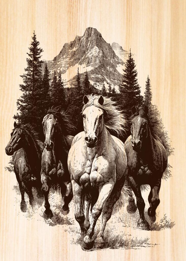 Wild Mustang Scene Laser Engraving Horse Laser Burn files Nature Wildlife PNG Laser ready Files_ Illustration of four galloping horses in a mountain landscape with pine trees, etched on wood for a rustic, nature-inspired look. | Sky Rye Design Illustration of four galloping horses in a mountain landscape with pine trees, etched on wood for a rustic, nature-inspired look.