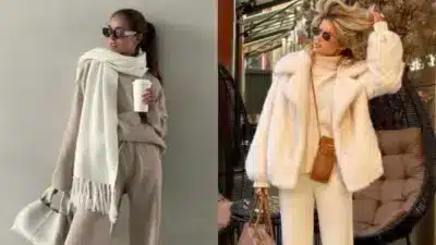 Women in chic winter outfits: one in a beige lounge set with scarf, the other in a white fur coat and turtleneck, both with sunglasses.