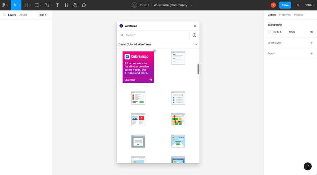 Wireframe Figma interface showing a basic colored wireframe library with an advertisement for Colorsinspo, offering creative color tools. | Sky Rye Design Figma interface showing a basic colored wireframe library with an advertisement for Colorsinspo, offering creative color tools.