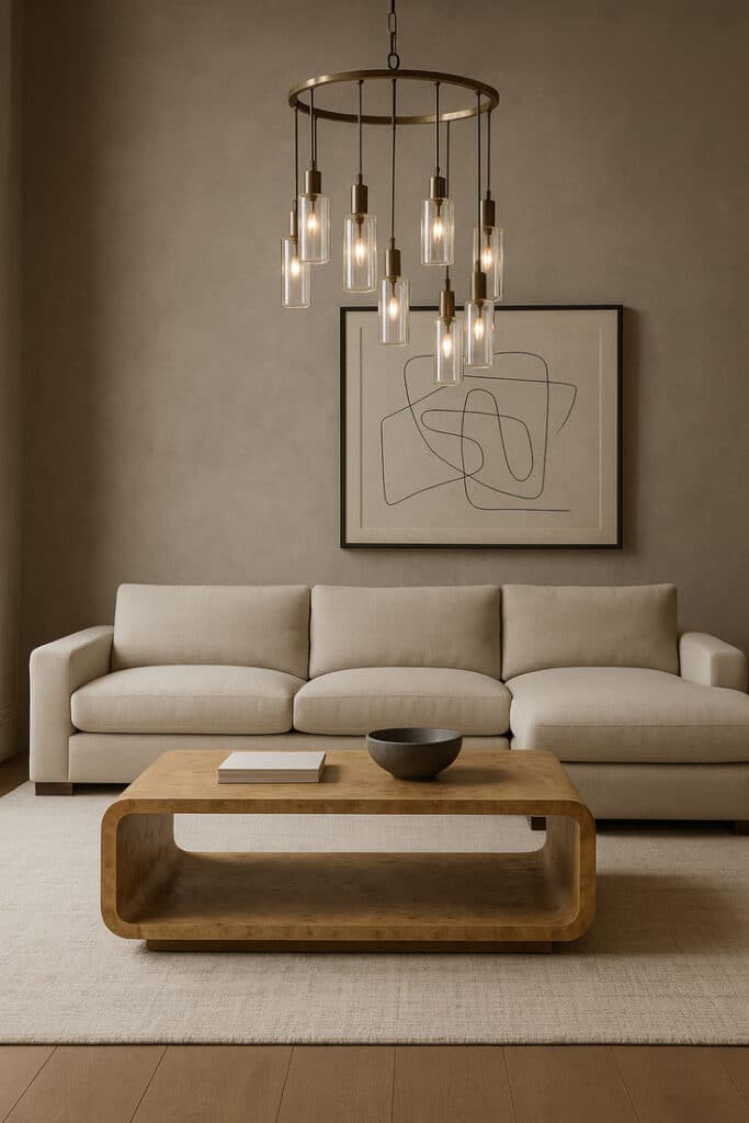 Modern living room with beige sofa, minimalist wooden coffee table, elegant chandelier, and abstract wall art on a neutral backdrop.