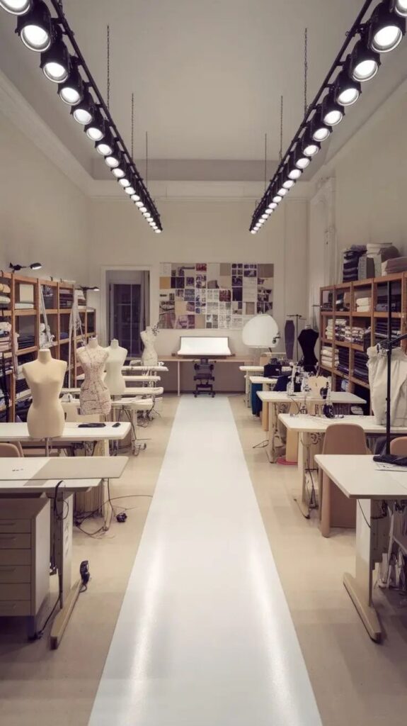 Fashion design studio with mannequins, sewing machines, fabric shelves, and bright overhead lights for garment creation and design.
