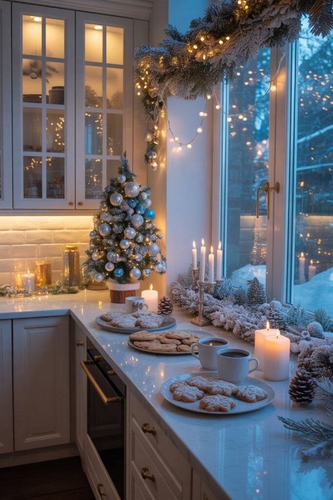 Your Ultimate Guide to 10 Home Winter Essentials Cozy winter kitchen with a decorated Christmas tree, candles, cookies, and hot drinks on a snowy eve, creating a warm festive atmosphere. | Sky Rye Design Cozy winter kitchen with a decorated Christmas tree, candles, cookies, and hot drinks on a snowy eve, creating a warm festive atmosphere.