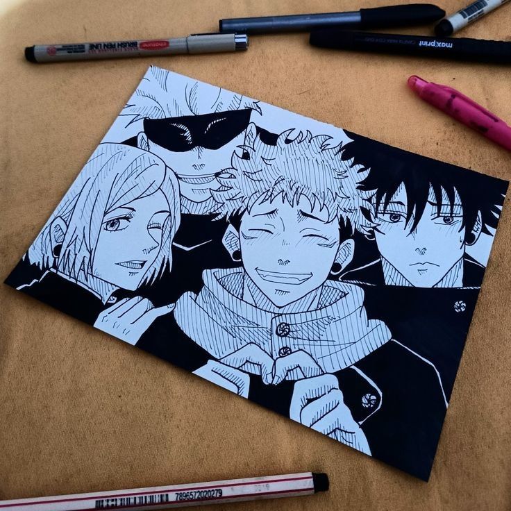 Detailed anime illustration featuring four characters in black and white, surrounded by drawing pens on a wooden table.