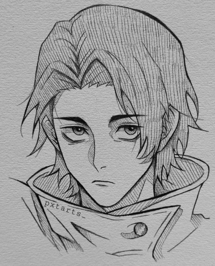 Black and white anime-style sketch of a young person with wavy hair and an intense gaze, wearing a high-collared coat.