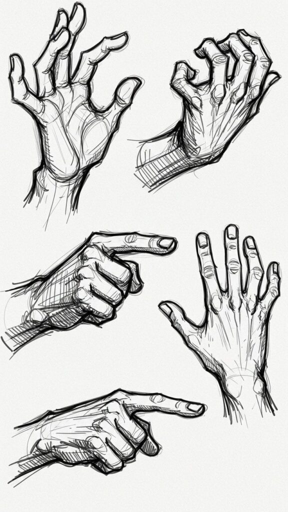Hand drawing sketches depicting various gestures, showcasing intricate details and artistic technique in pencil-style illustration.