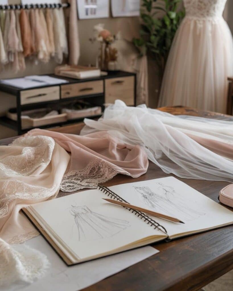 a1739f7300153e6930cbc8501c3ff0dd Open sketchbook with dress designs on a wooden table, surrounded by soft pink and white lace fabric, in elegant dressmaking studio. | Sky Rye Design Open sketchbook with dress designs on a wooden table, surrounded by soft pink and white lace fabric, in elegant dressmaking studio.