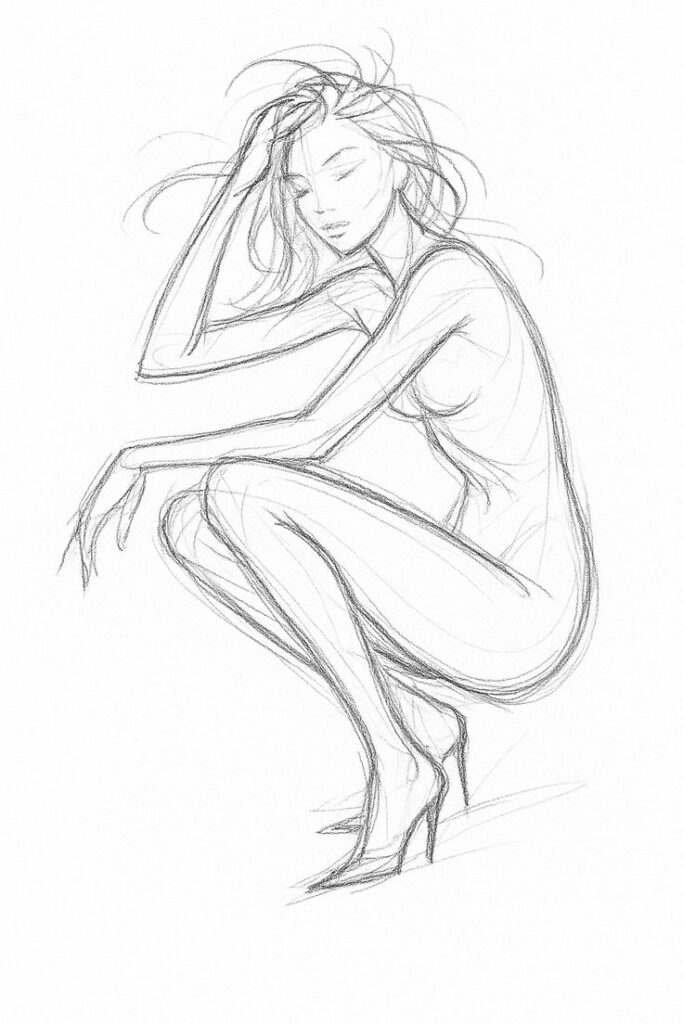 a17f20ef-c79c-463a-b552-2b4458616f6f Sketch of a seated woman with flowing hair and high heels, capturing an elegant and relaxed pose in pencil art style. | Sky Rye Design Sketch of a seated woman with flowing hair and high heels, capturing an elegant and relaxed pose in pencil art style.