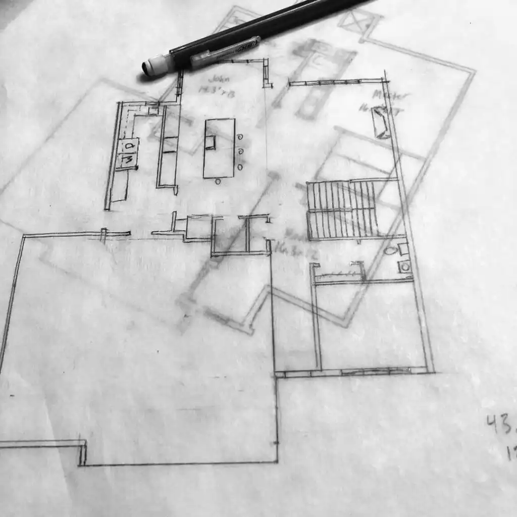 a19dab39eb43e932f91d16e181ea7777 Architectural floor plan sketch with pencil on tracing paper, displaying a detailed layout of a house design. | Sky Rye Design Architectural floor plan sketch with pencil on tracing paper, displaying a detailed layout of a house design.
