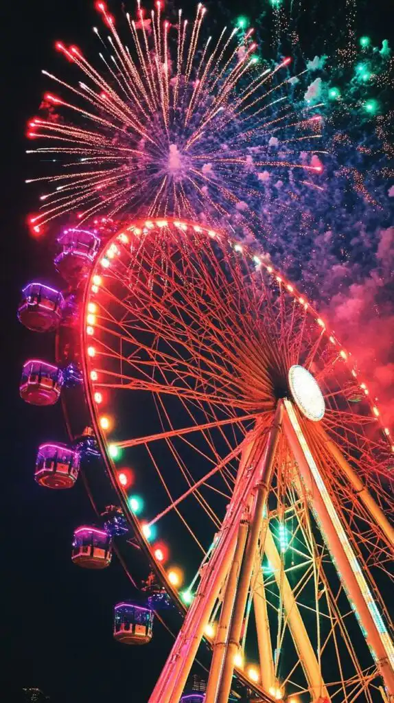 Colorful ferris wheel illuminated at night with vibrant fireworks in the sky, creating a festive and exciting atmosphere.