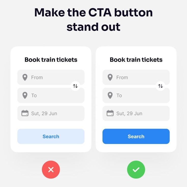 Comparison of CTA button designs for booking train tickets; highlights making buttons stand out for better user engagement, with design tips.