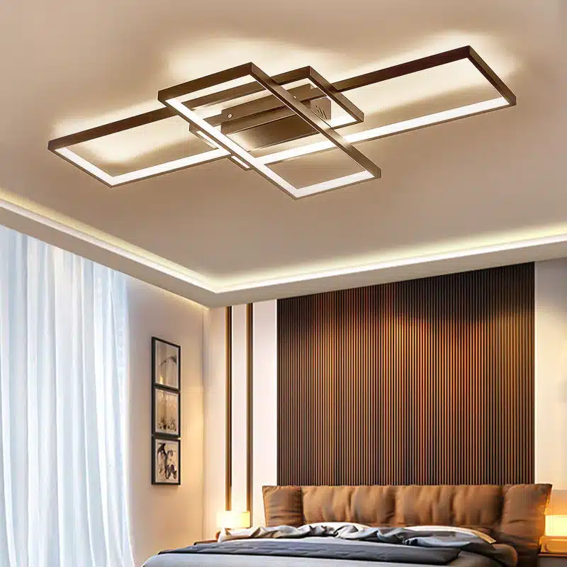 Modern bedroom showcasing a geometric ceiling light with wooden accents, enhancing warm ambiance above a cozy bed with sleek decor.