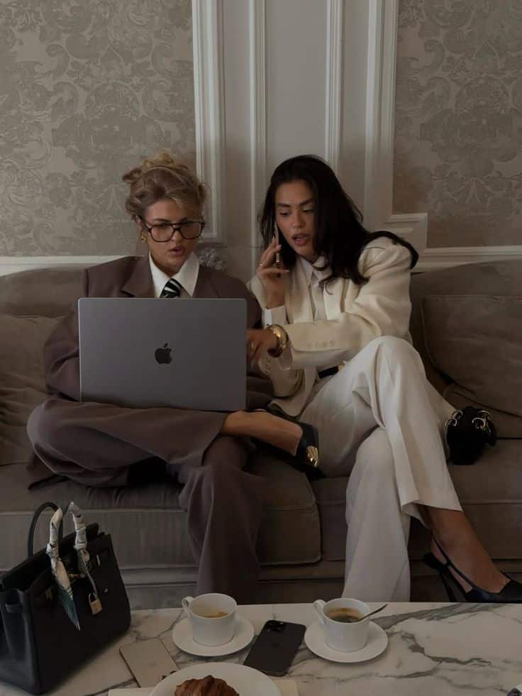 Two women in stylish suits sit on a couch with a laptop, discussing work over coffee in an elegant room.