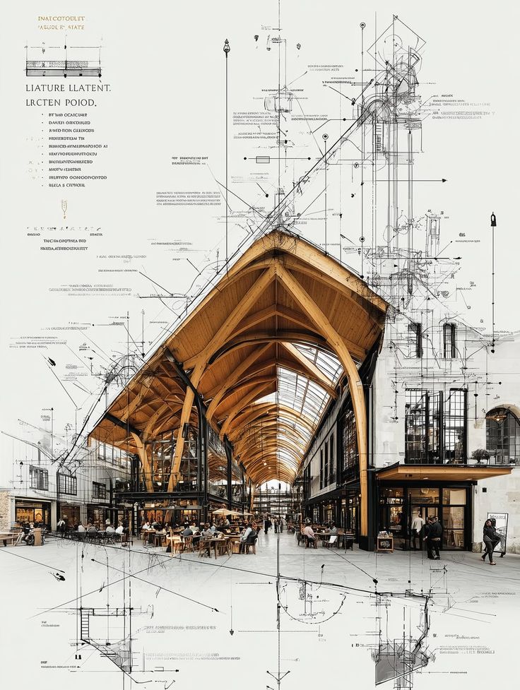 a5b3a982-05c6-4942-b98e-d89ff9ab50ab Modern architectural concept of a bustling marketplace, blending detailed technical sketches with a vibrant open-air dining area. | Sky Rye Design Modern architectural concept of a bustling marketplace, blending detailed technical sketches with a vibrant open-air dining area.