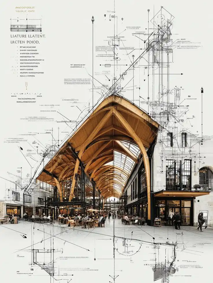 Modern architectural concept of a bustling marketplace, blending detailed technical sketches with a vibrant open-air dining area.