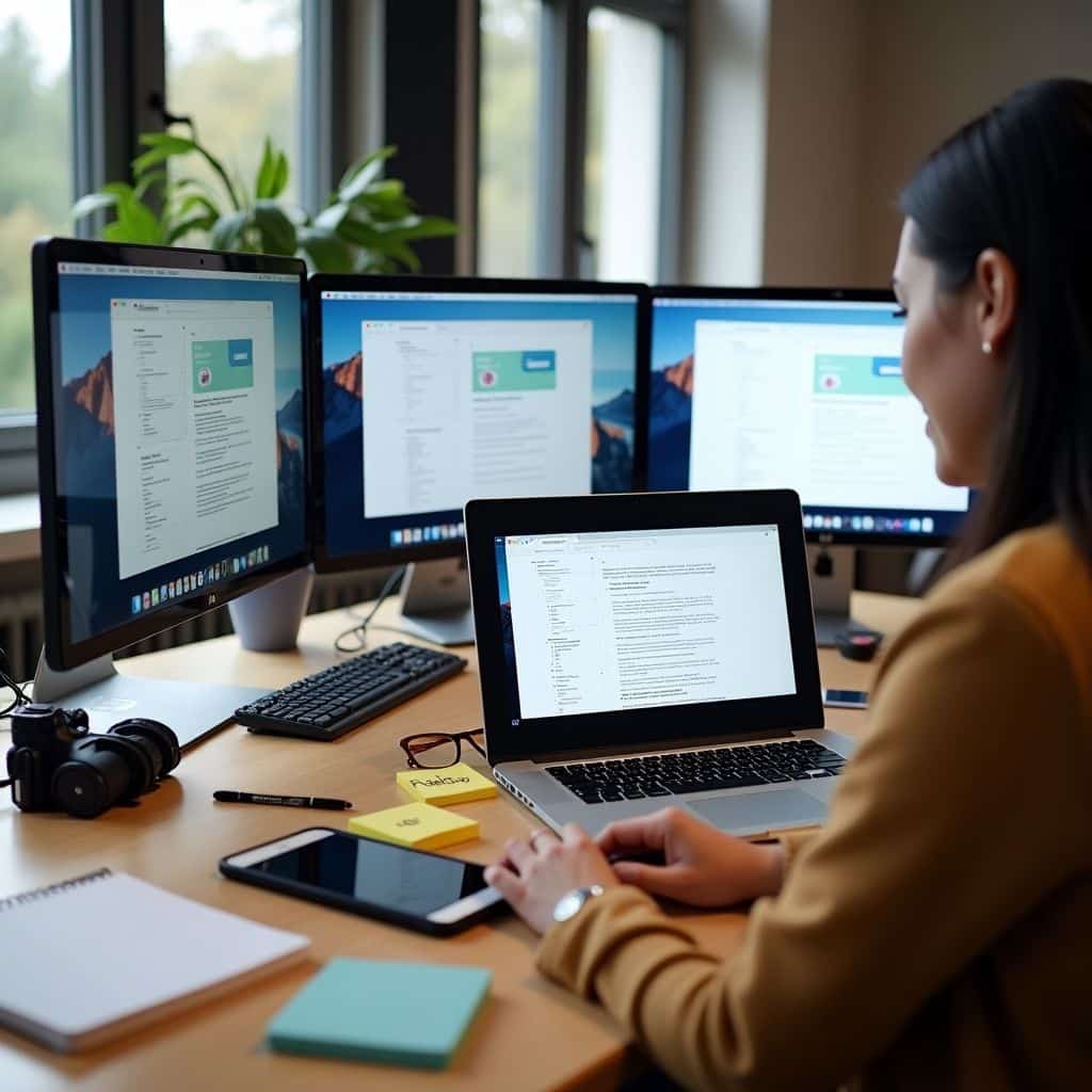 a7db7ecd3f71a70cfe5562c066860ded Woman working at desk with multiple monitors and laptop, managing digital content, highlighting productivity in a modern office setting. | Sky Rye Design Woman working at desk with multiple monitors and laptop, managing digital content, highlighting productivity in a modern office setting.