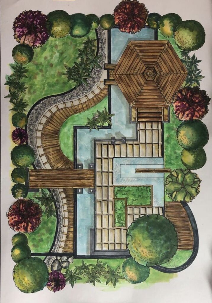 a8a92299-8935-47c3-b25f-07e06efc9837 Architectural garden layout with pathways, lush greenery, wooden structures, and water features, showcasing landscape design artistry. | Sky Rye Design Architectural garden layout with pathways, lush greenery, wooden structures, and water features, showcasing landscape design artistry.