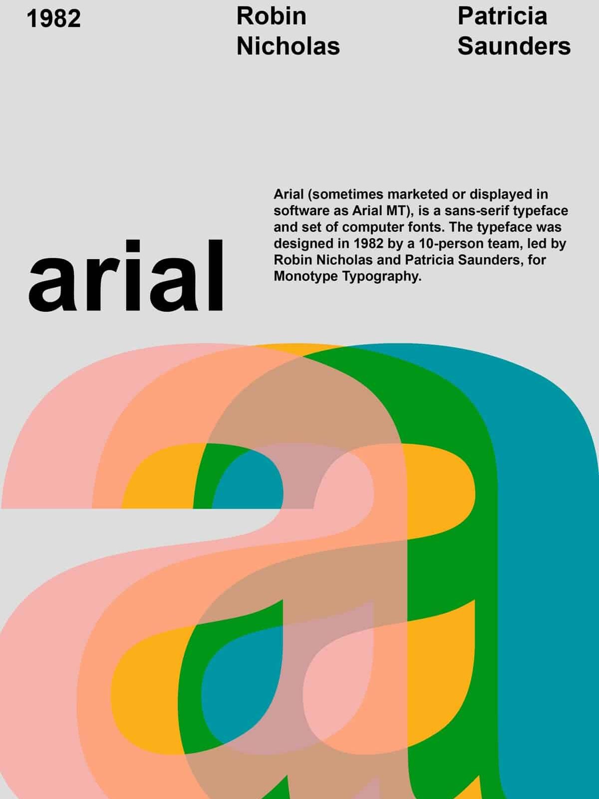 Colorful overlapping text highlights Arial font's design origins in 1982 by Robin Nicholas and Patricia Saunders for Monotype Typography.