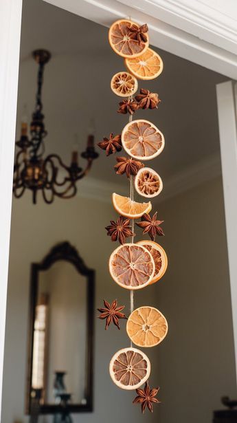 abafb4afae9da67a2fce7178e4397ffe Dried citrus slices and star anise hanging decoratively in a doorway, adding a rustic touch to an elegant room with chandelier lighting. | Sky Rye Design Dried citrus slices and star anise hanging decoratively in a doorway, adding a rustic touch to an elegant room with chandelier lighting.