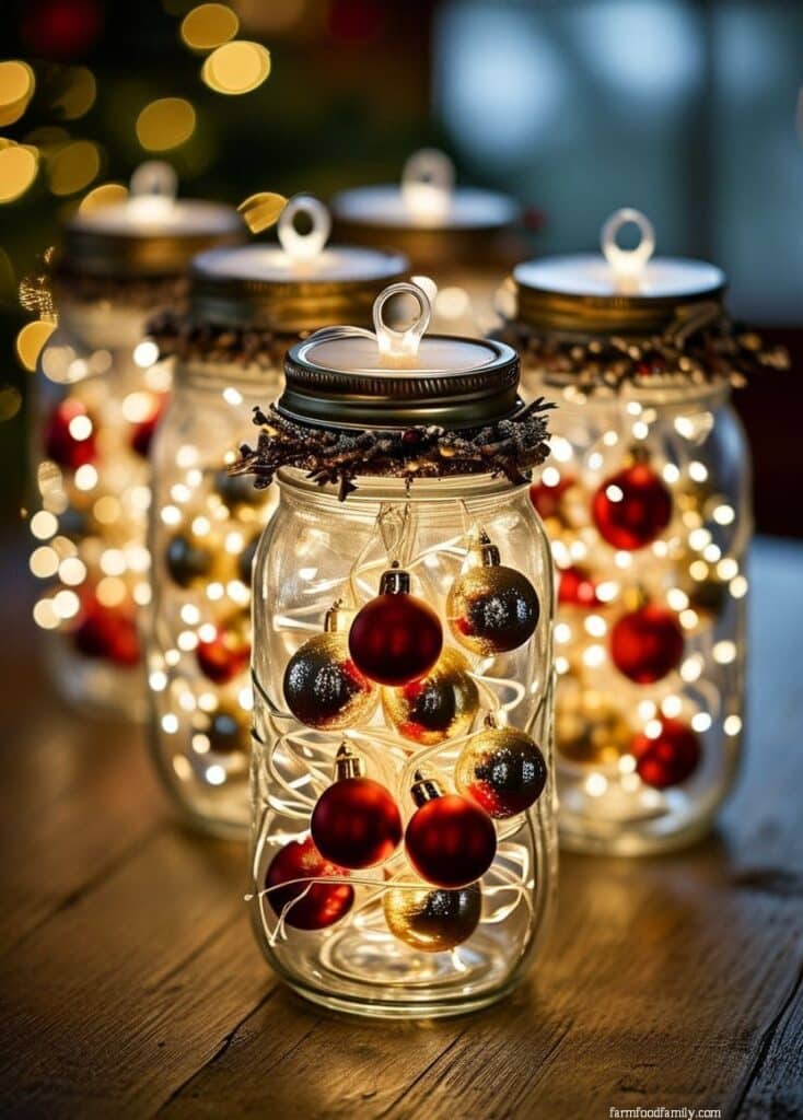 abea3956f97d00fb74eac8a22fe3884c Festive mason jars filled with LED lights and red, gold ornaments create a warm holiday glow on a wooden table. | Sky Rye Design Festive mason jars filled with LED lights and red, gold ornaments create a warm holiday glow on a wooden table.