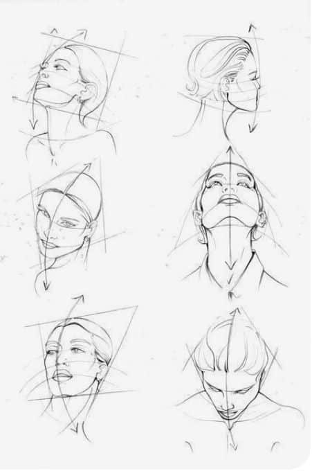 ac5c9e75-060e-48ca-8766-cabee14863be Sketches of six faces showing different angles for drawing head anatomy and proportions, with guiding lines and arrows for reference. | Sky Rye Design Sketches of six faces showing different angles for drawing head anatomy and proportions, with guiding lines and arrows for reference.