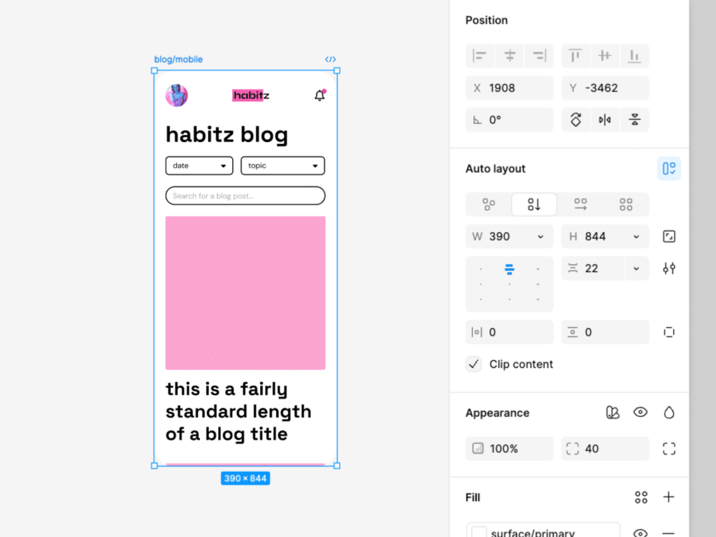 Mobile blog layout design for 'habitz blog' with customizable filters and search bar, showcasing a standard blog title length.