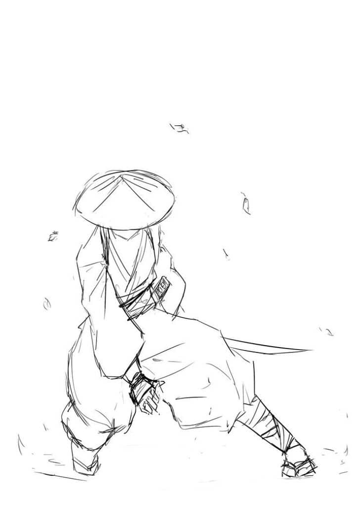 ae6bdd9f17bc996f9463f392d48e9e7f Sketch of a kneeling samurai in traditional attire and hat, holding a sword, surrounded by falling leaves. | Sky Rye Design Sketch of a kneeling samurai in traditional attire and hat, holding a sword, surrounded by falling leaves.