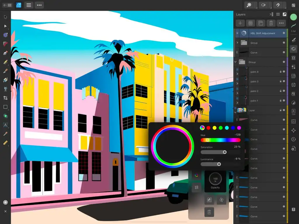 Colorful digital artwork of a vibrant street scene with palm trees, designed using graphic editing software, featuring hue adjustments.