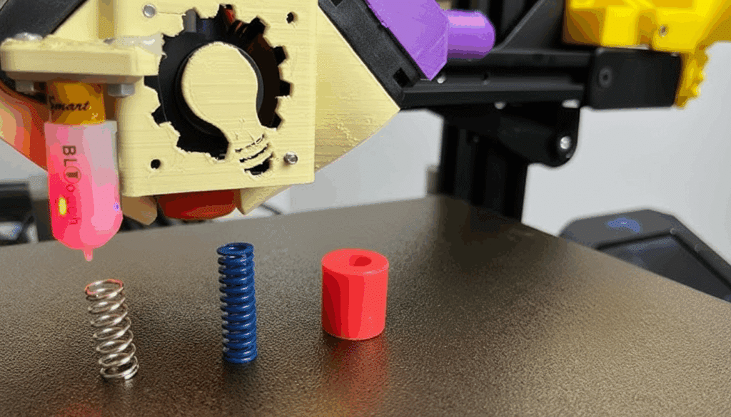 3D printer head with metal and blue springs and a red spacer on the platform. BLTouch sensor for bed leveling is visible.