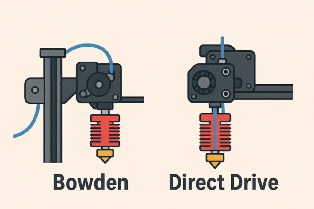 Illustration comparing Bowden and Direct Drive 3D printer extruders, highlighting filament feeding and motor placement differences.