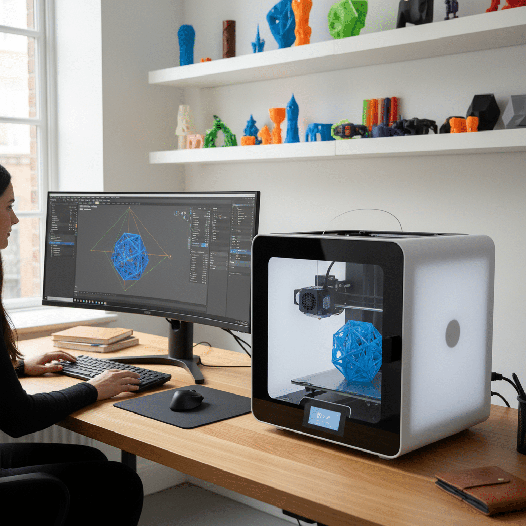 Person designing 3D model on computer beside 3D printer creating blue geometric shape in modern workspace with colorful prints.