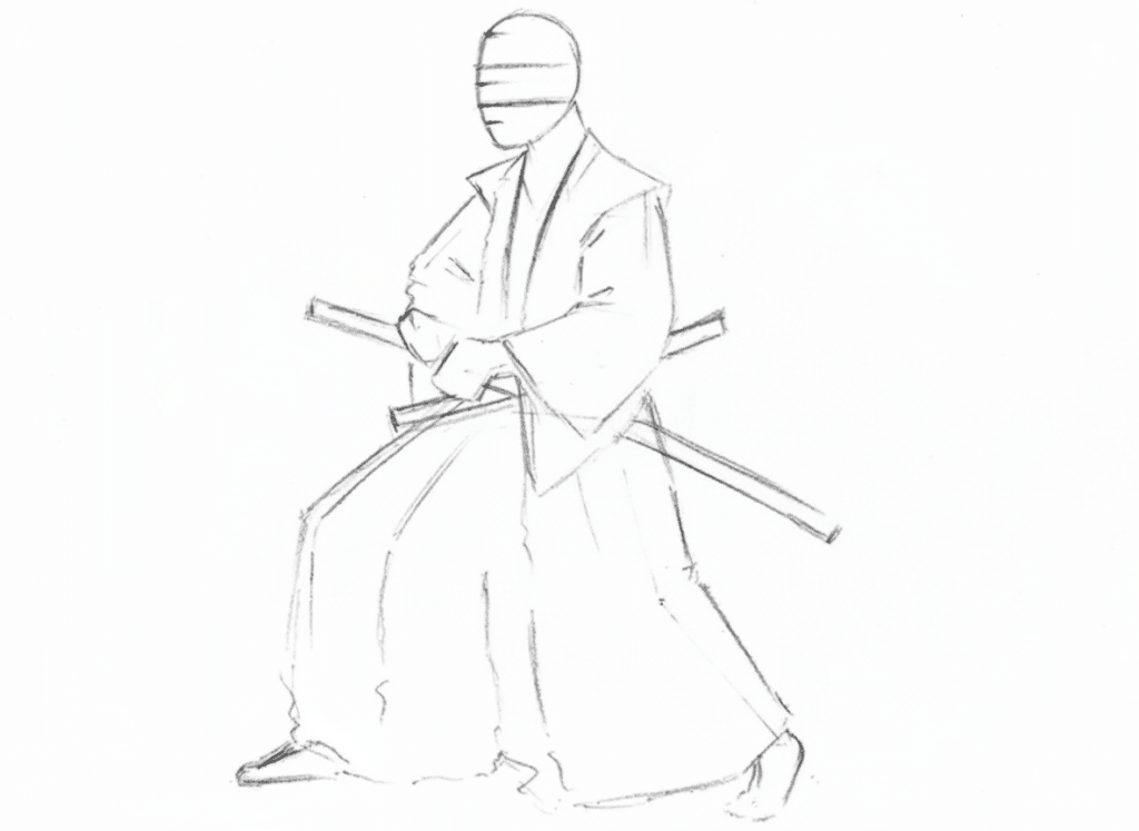 ai-edited-image-1766477862092 Sketch of a standing samurai with a blindfold, wearing traditional robes, holding a sword, exuding mystery and ancient martial prowess. | Sky Rye Design Sketch of a standing samurai with a blindfold, wearing traditional robes, holding a sword, exuding mystery and ancient martial prowess.