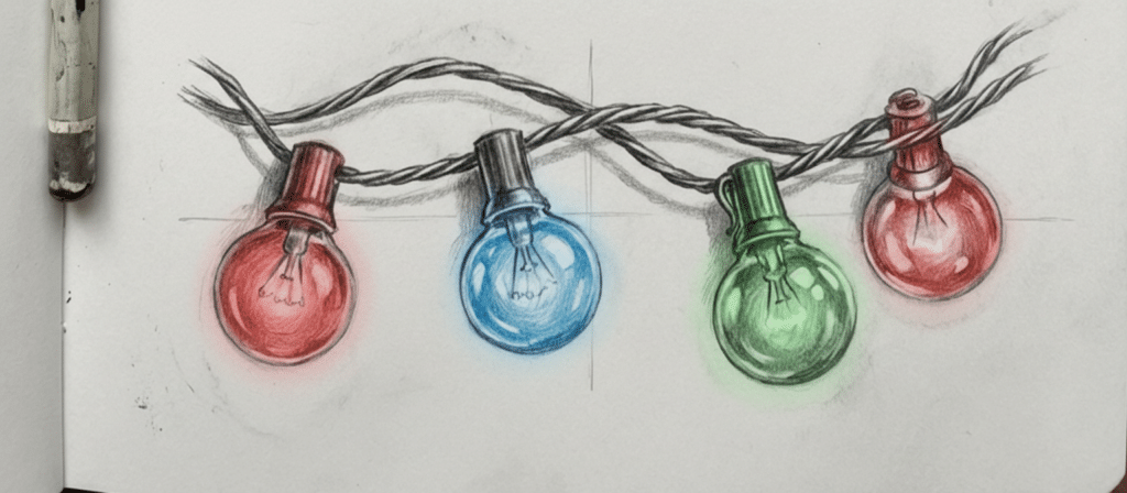 ai-edited-image-1766563394577 Colored light bulbs drawn in red, blue, and green on paper with a pencil nearby, creating a festive and artistic illustration. | Sky Rye Design Colored light bulbs drawn in red, blue, and green on paper with a pencil nearby, creating a festive and artistic illustration.