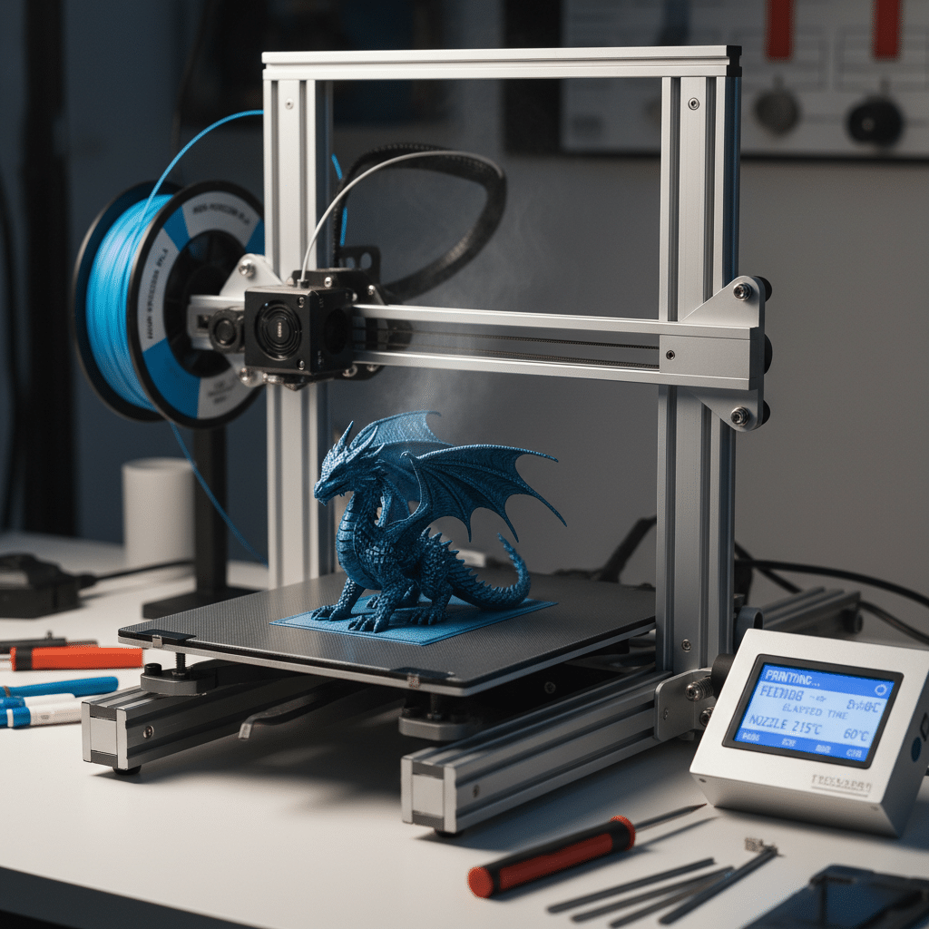 3D printer creating a detailed blue dragon figurine, surrounded by tools on a workshop desk, showcasing advanced technology in action.