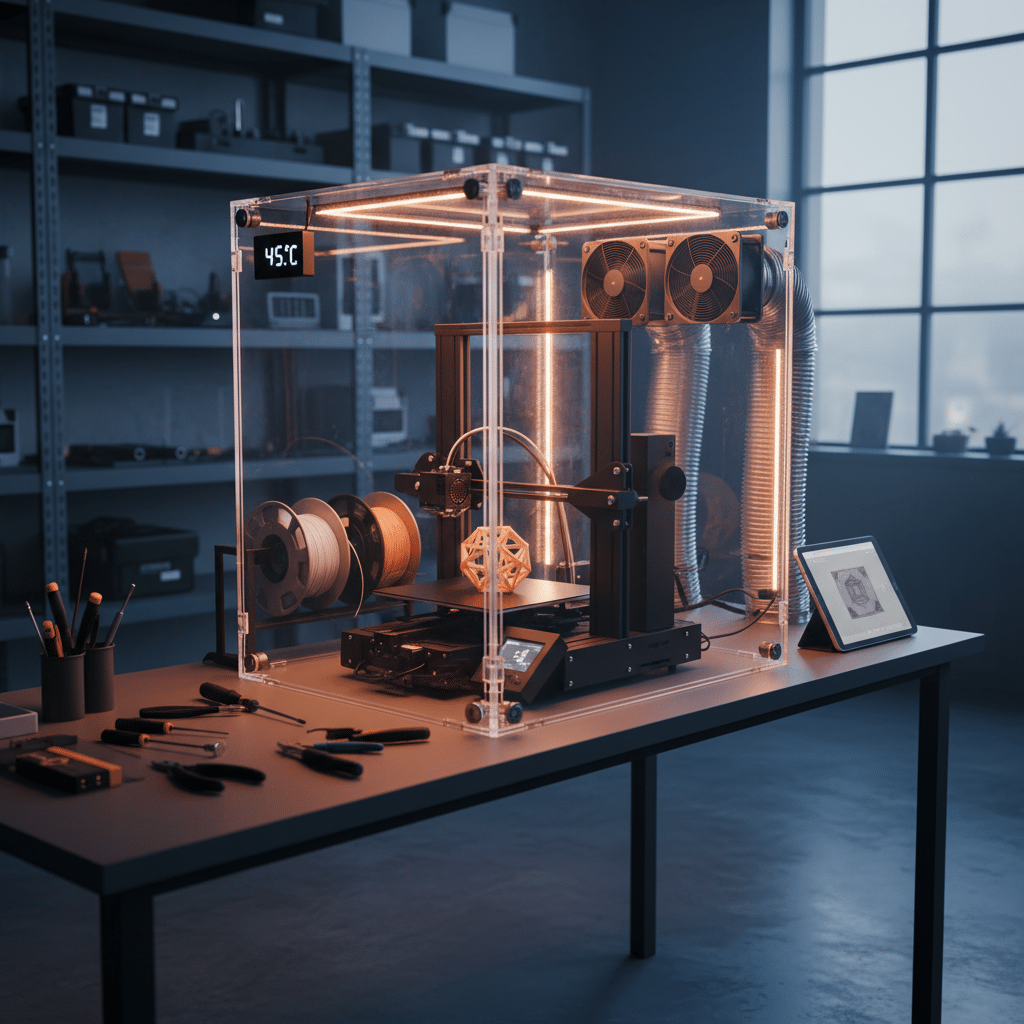3D printer in a workshop, printing an object, surrounded by tools and materials, with tablet displaying design.