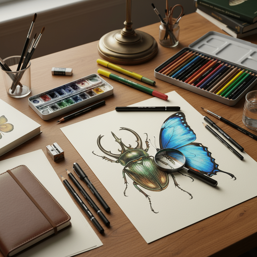Artist's workspace with a detailed drawing of a beetle with butterfly wings. Colored pencils, watercolors, and brushes are nearby.