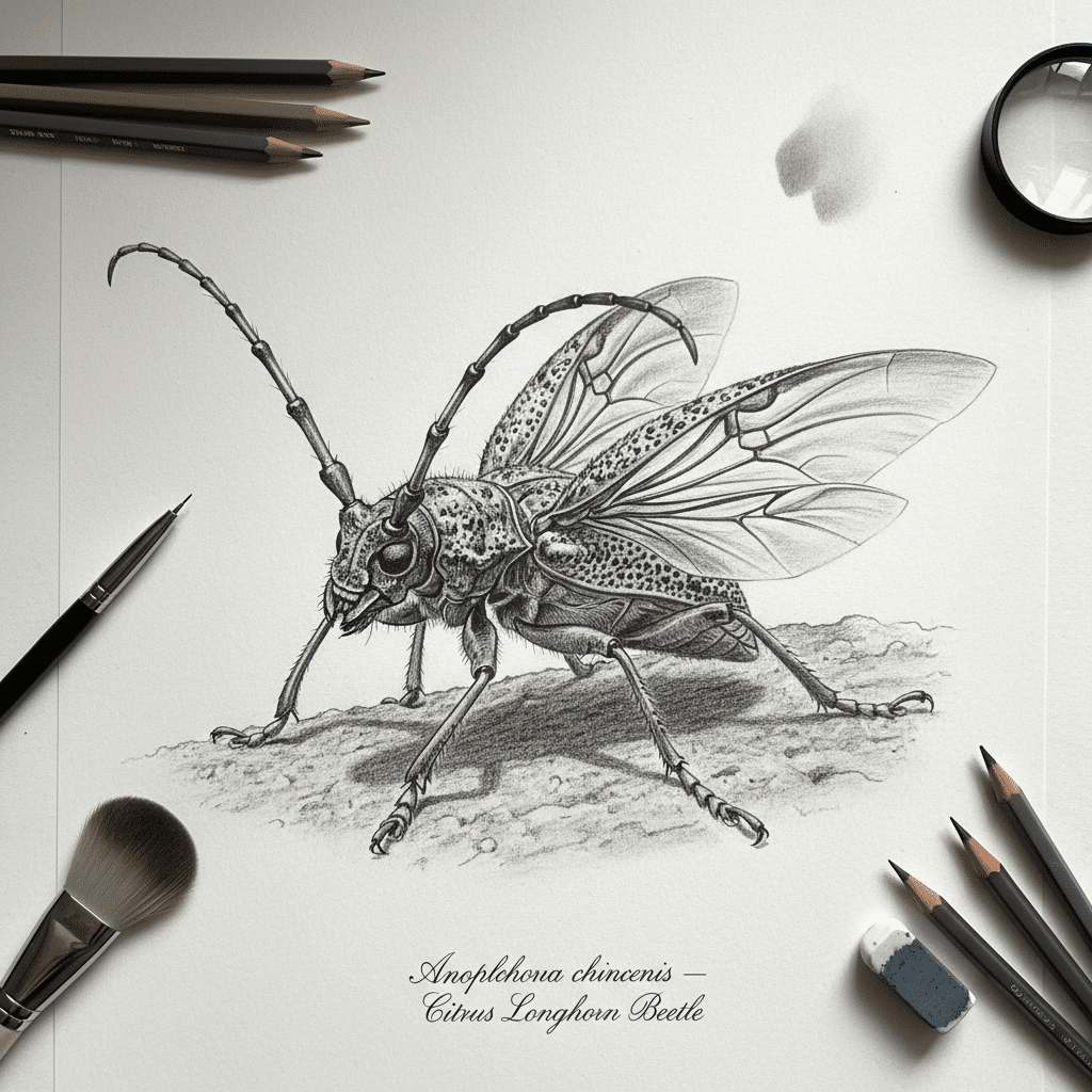 Detailed pencil drawing of Anoplophora chinensis, the Citrus Longhorn Beetle, with artist tools around the sketch.
