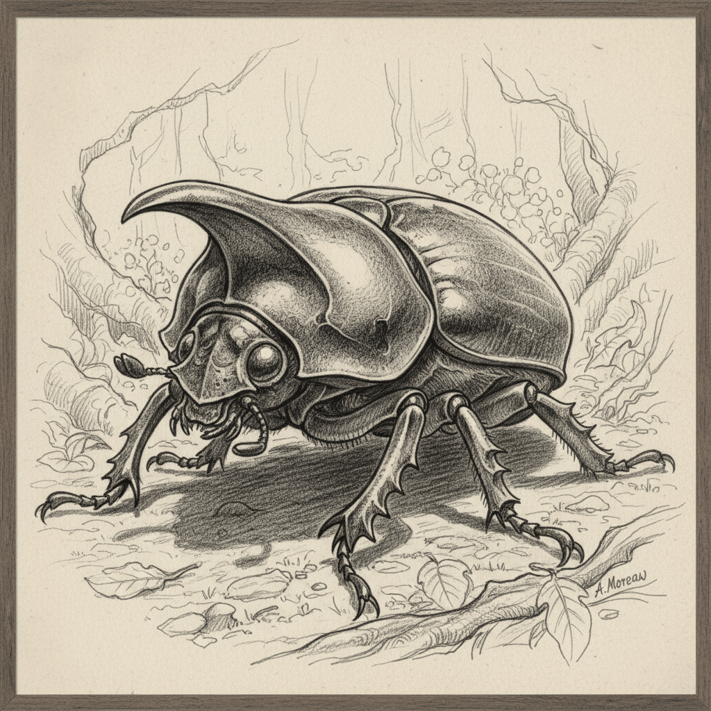 Detailed pencil sketch of a rhinoceros beetle in a forest setting, showcasing its distinctive horn and textured exoskeleton.