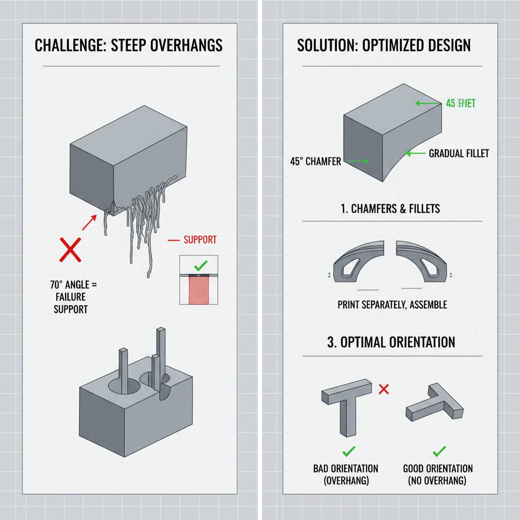3D printing guide: solve steep overhangs with chamfers, fillets, separate prints, and optimal orientation for better design.