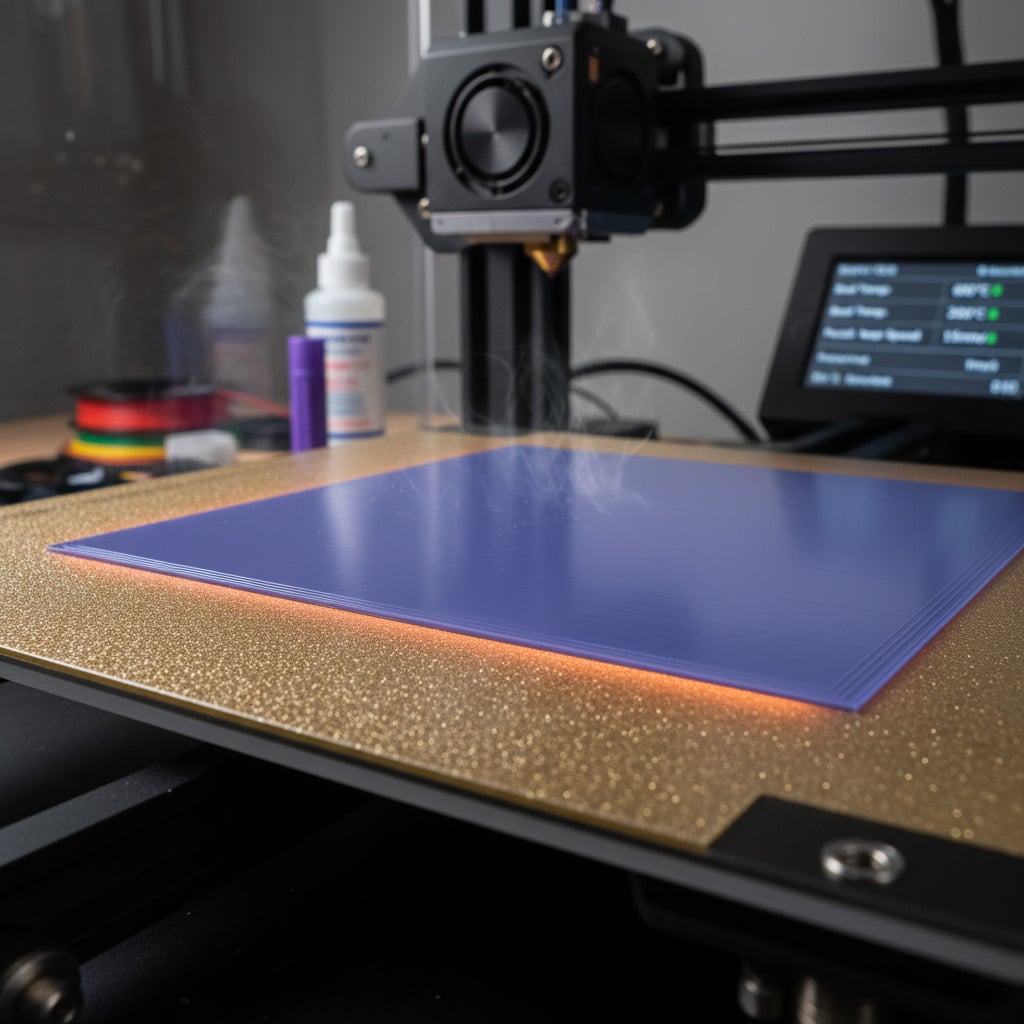 3D printer in action: Printing a model on a blue platform with equipment and filament in the background.