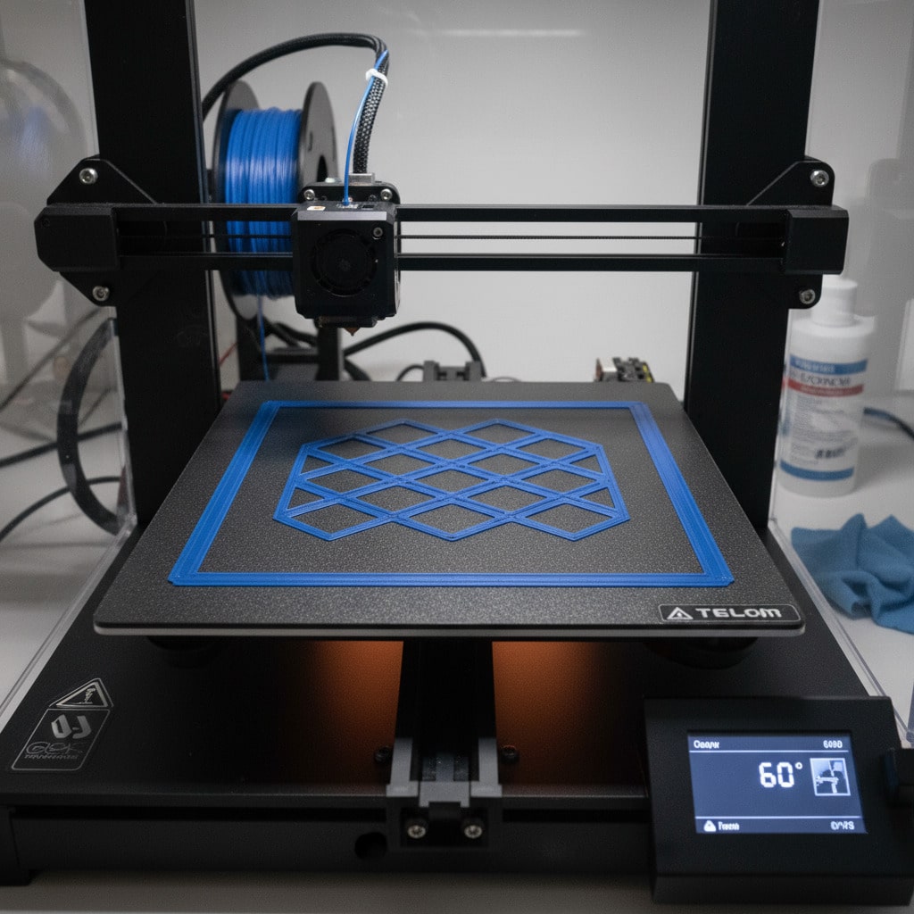 3D printer crafting a geometric pattern with blue filament on the print bed, showcasing advanced technology in action.