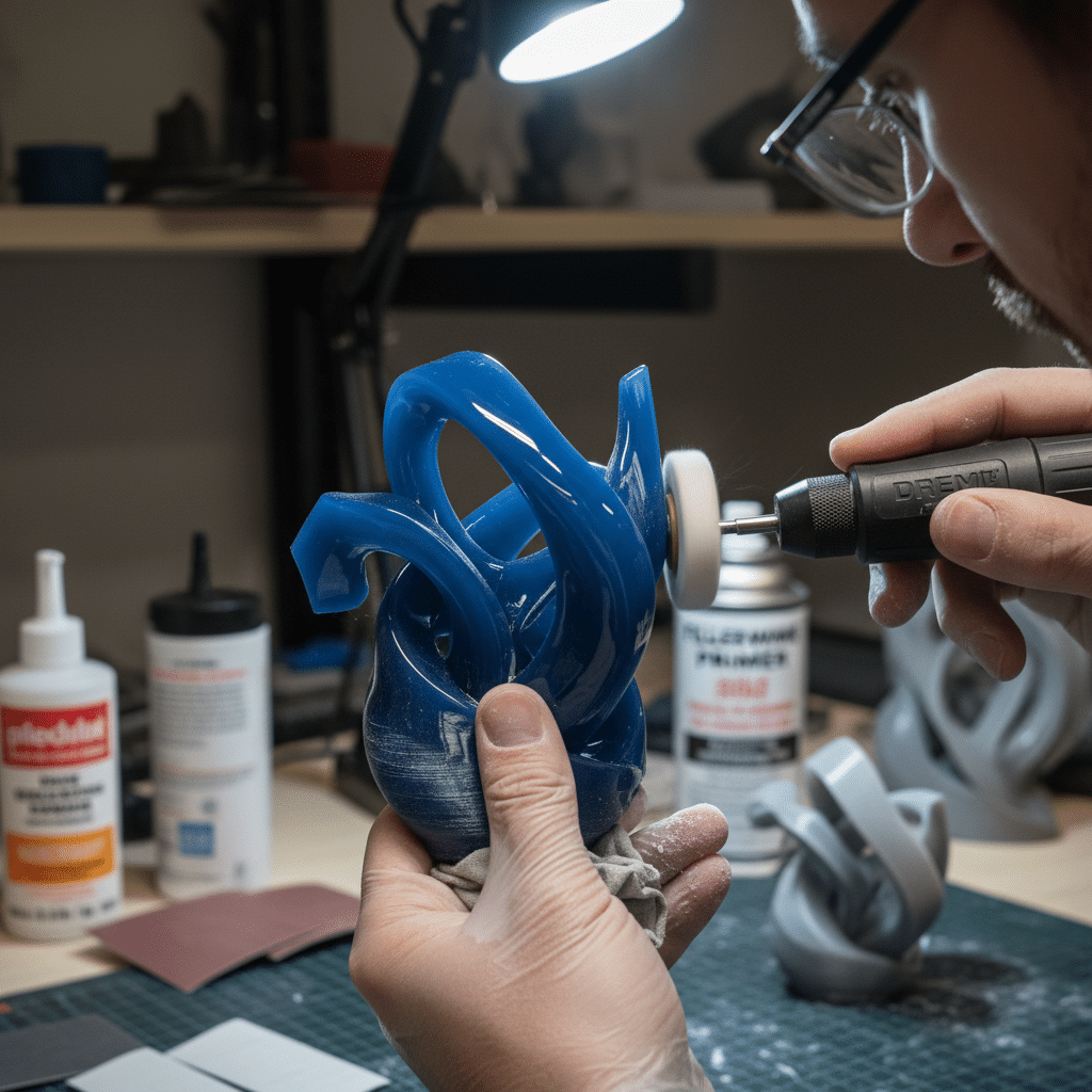 Person polishing a blue 3D-printed abstract sculpture in a workspace with tools and materials, enhancing its smooth finish and shine.