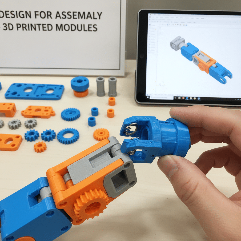3D printed robotic arm assembly with colorful parts, gears, and digital design on display, emphasizing modular engineering innovation.